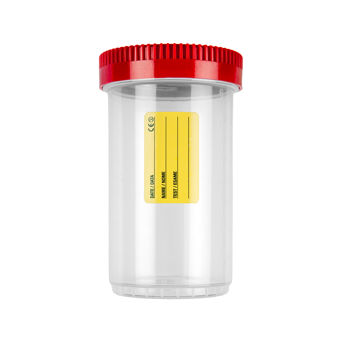 25044E Urine containers 200ml with paper label and screw cap